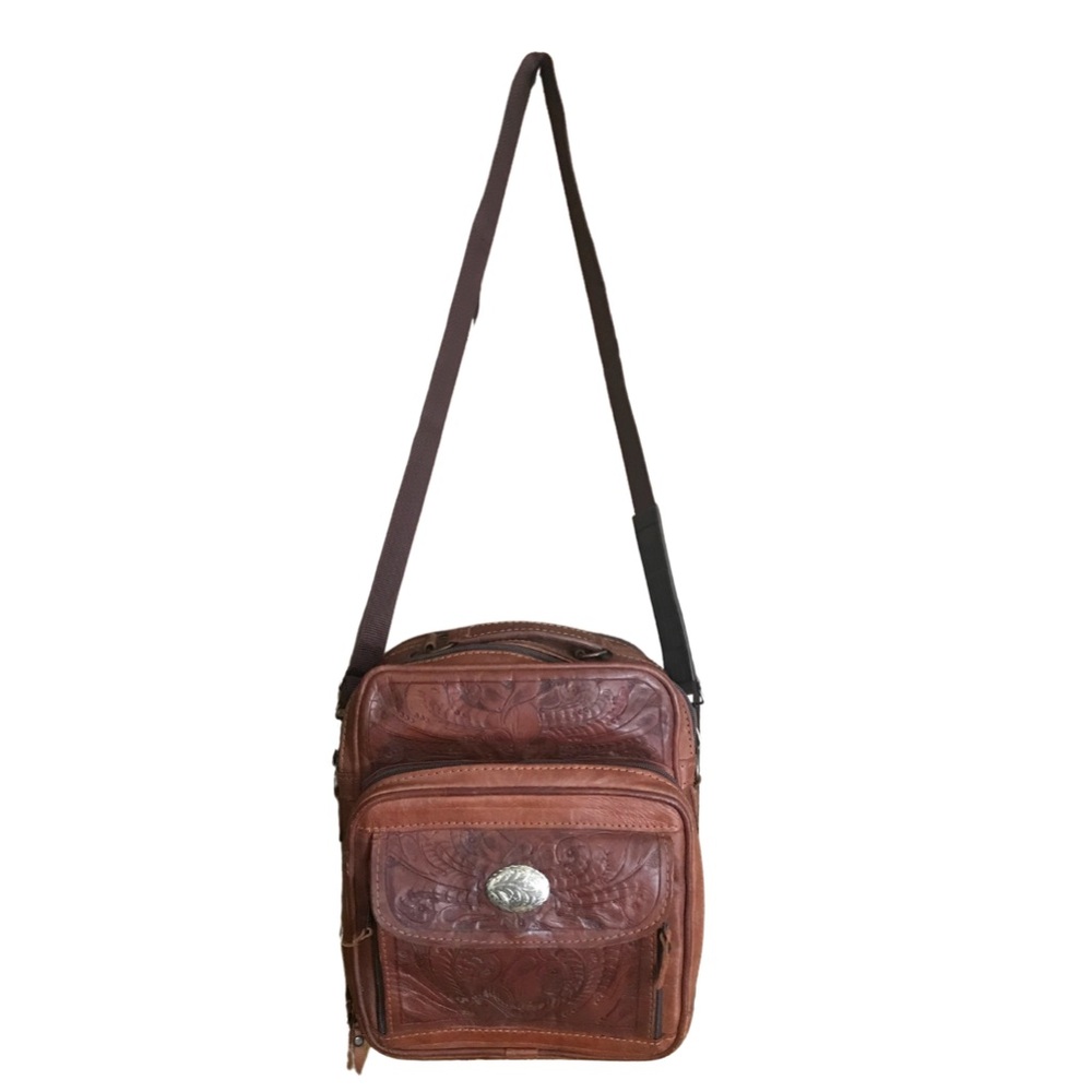 Tooled Leather Messenger Bag Crossbody Brown Paisley Vintage Bohemian